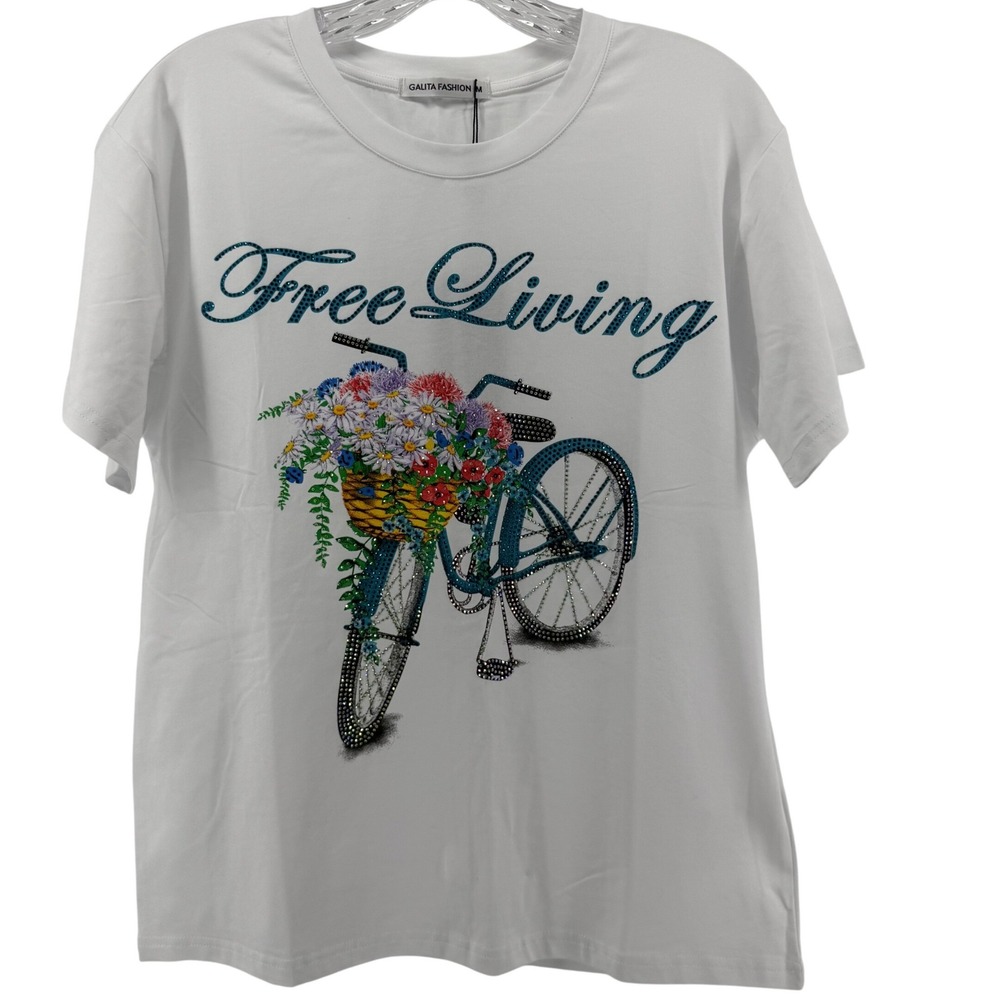 Galita Fashion Free Living Rhinestone Bicycle Graphic Tee White GTD12018 Size‎ M